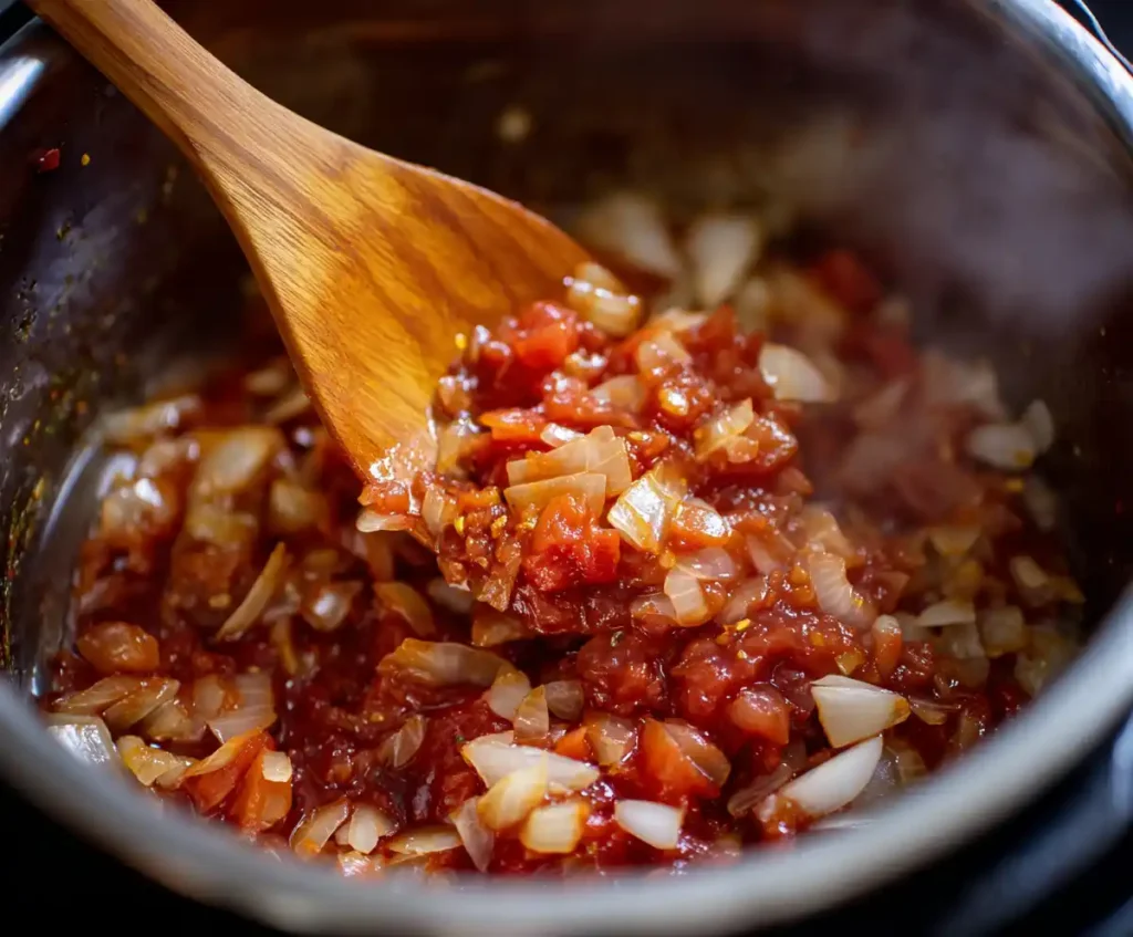 Onions, garlic, and tomato paste sautéing for beef stew base