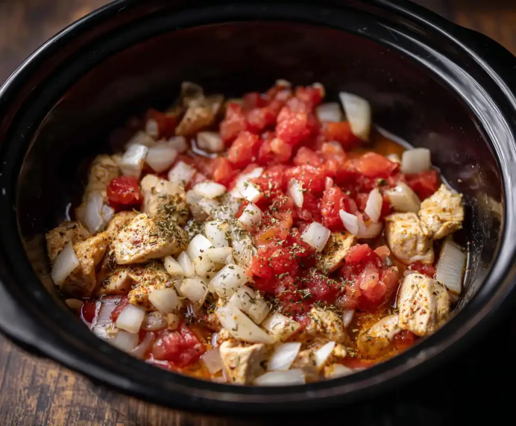 Onions, garlic, and tomatoes added to chicken in slow cooker.