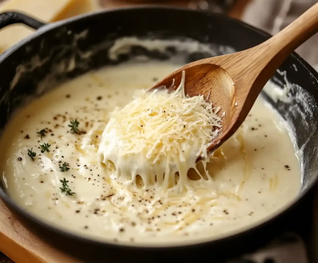 Parmesan cheese melting into Alfredo cream sauce