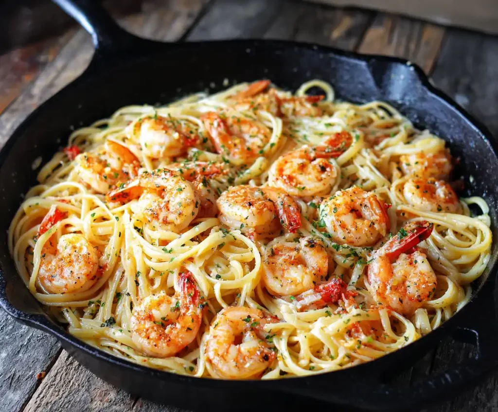 Pasta and shrimp tossed in garlic butter sauce
