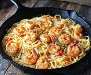 Pasta and shrimp tossed in garlic butter sauce