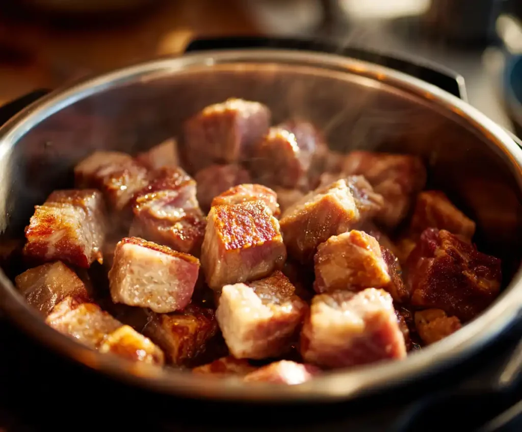Pork pieces searing in Instant Pot before pressure cooking