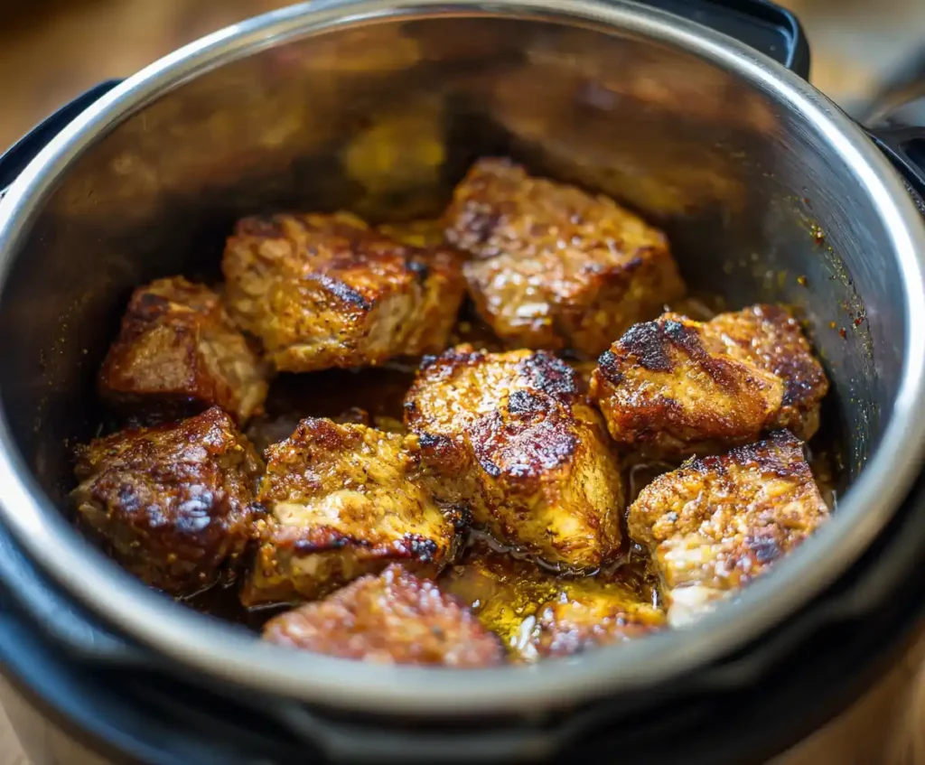 Pork shoulder pieces searing in pressure cooker for pulled pork sandwich