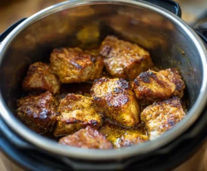 Pork shoulder pieces searing in pressure cooker for pulled pork sandwich