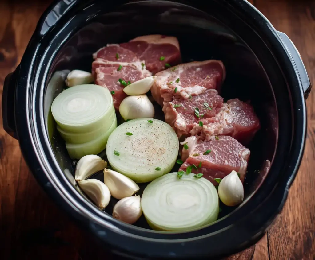 Pork shoulder placed over sliced onions and garlic in slow cooker