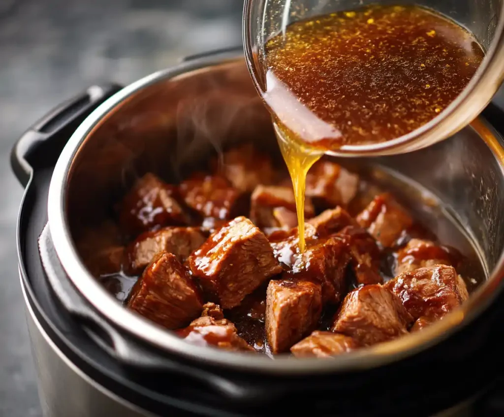 Pork with broth and BBQ sauce in Instant Pot ready to cook