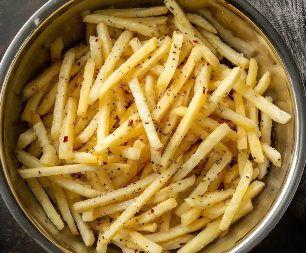 Potato sticks seasoned with oil and spices before air frying