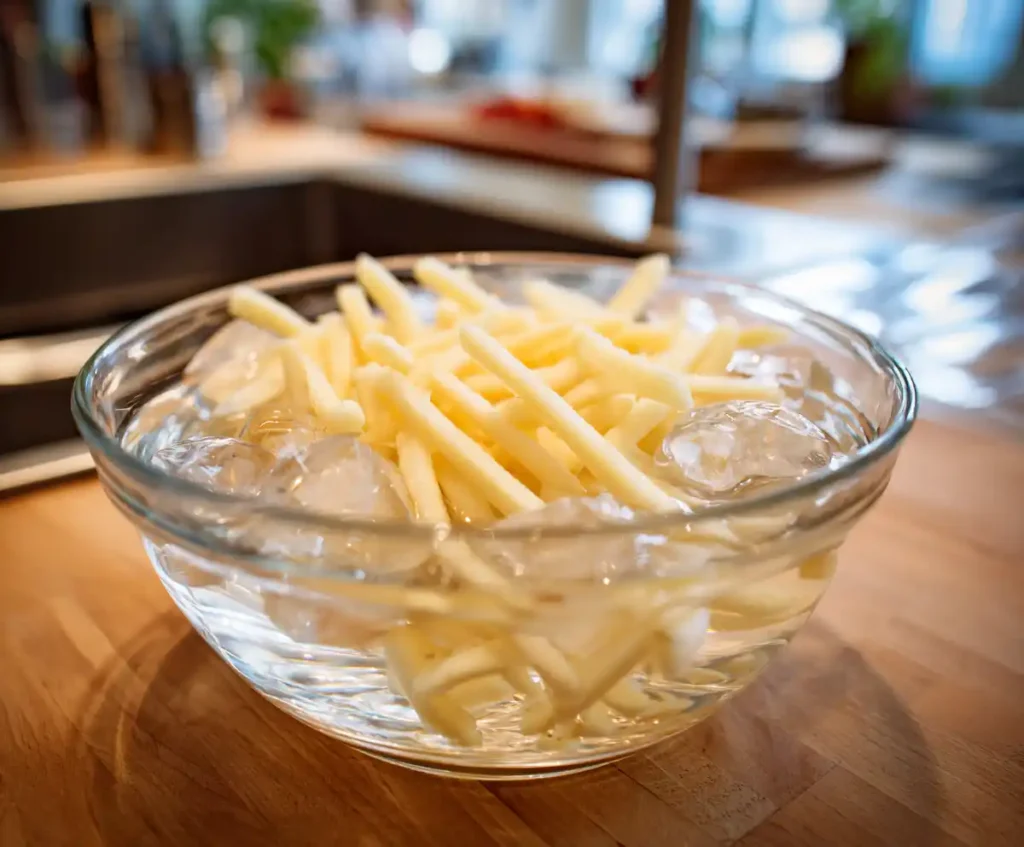 Potato sticks soaking in cold water to remove starch before air frying