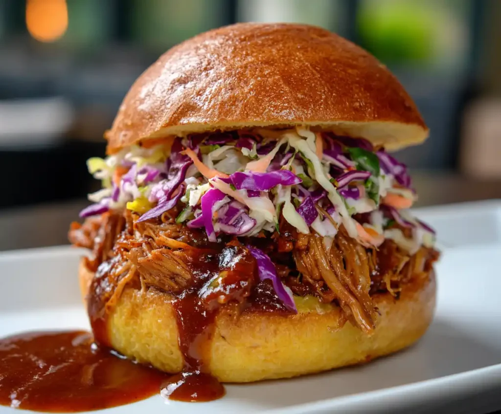Pressure cooker pulled pork sandwich with cabbage slaw and BBQ sauce on bun