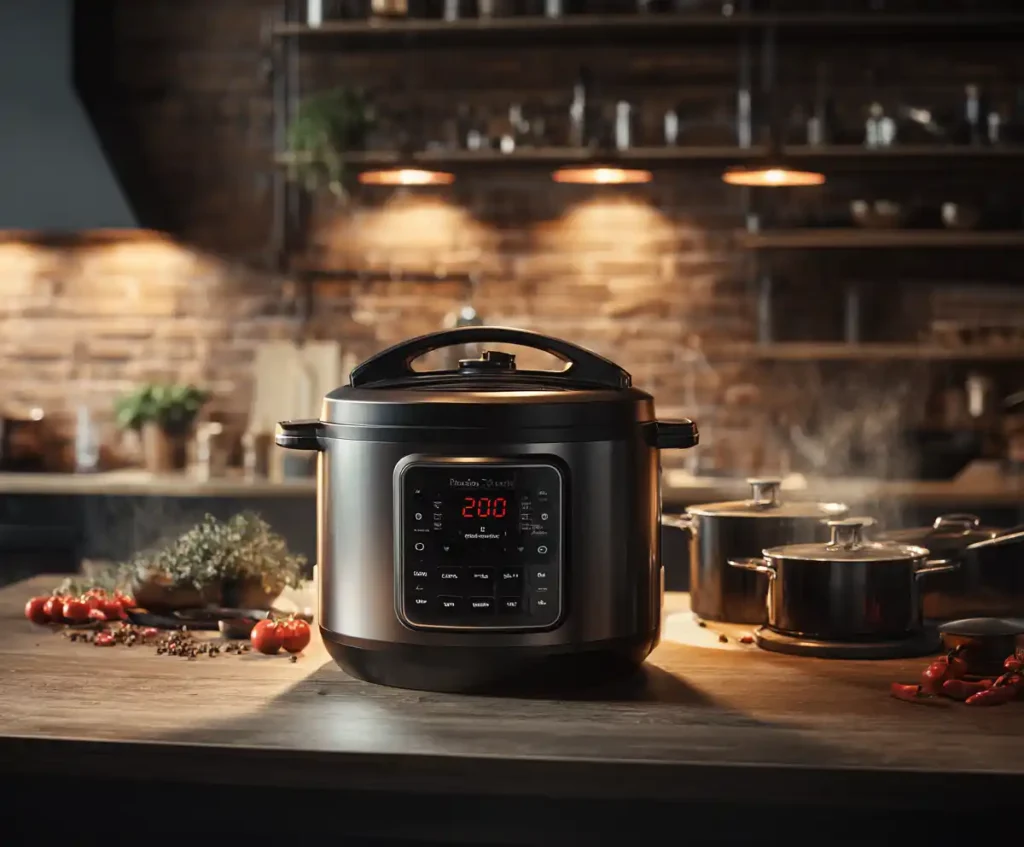 Pressure cooker sealed and set to cook, digital display showing 20 minutes, kitchen counter scene