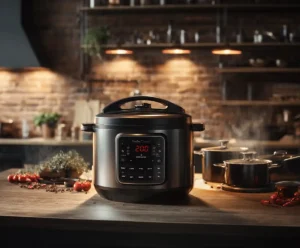 Pressure cooker sealed and set to cook, digital display showing 20 minutes, kitchen counter scene