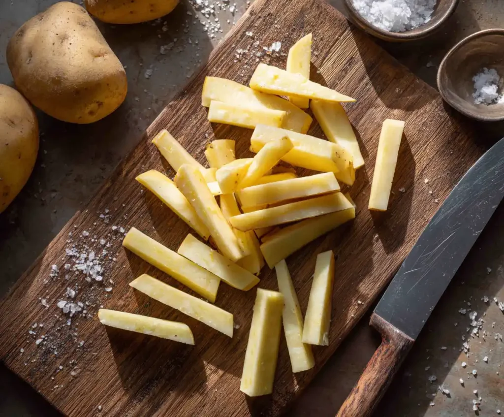 Raw Russet potatoes cut into sticks for homemade air fryer french fries