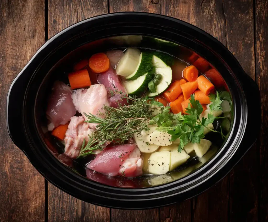 Raw chicken and vegetables with broth in slow cooker for chicken noodle soup