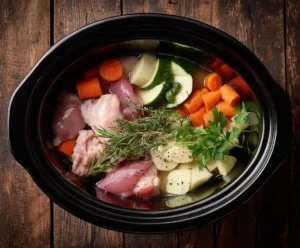 Raw chicken and vegetables with broth in slow cooker for chicken noodle soup