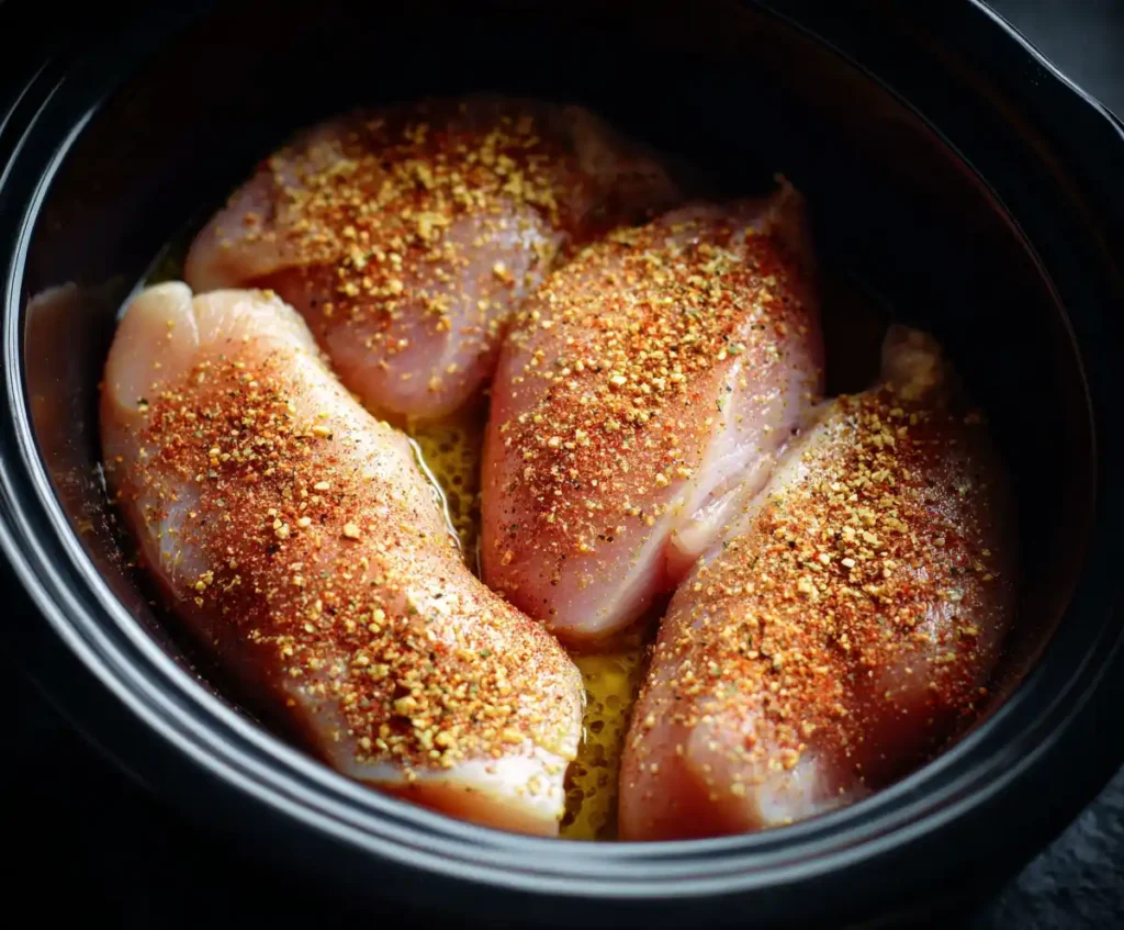 Raw chicken breasts with taco seasoning in slow cooker