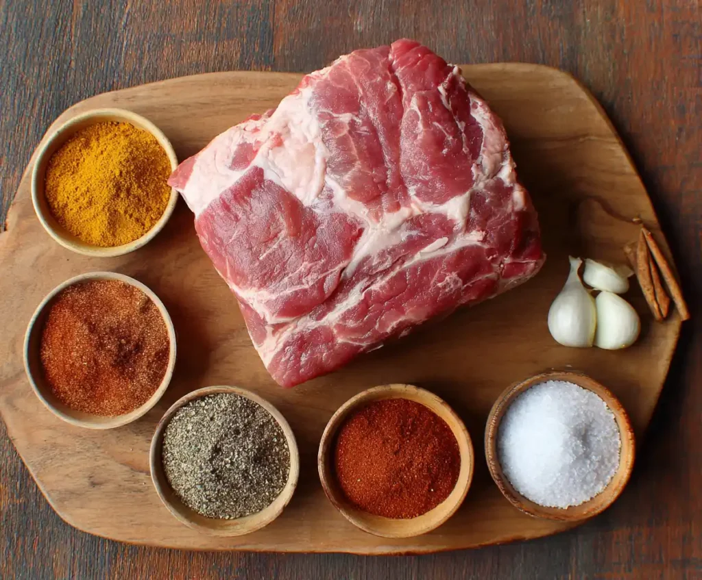 Raw pork shoulder seasoned with spices for slow cooker pulled pork sandwiches