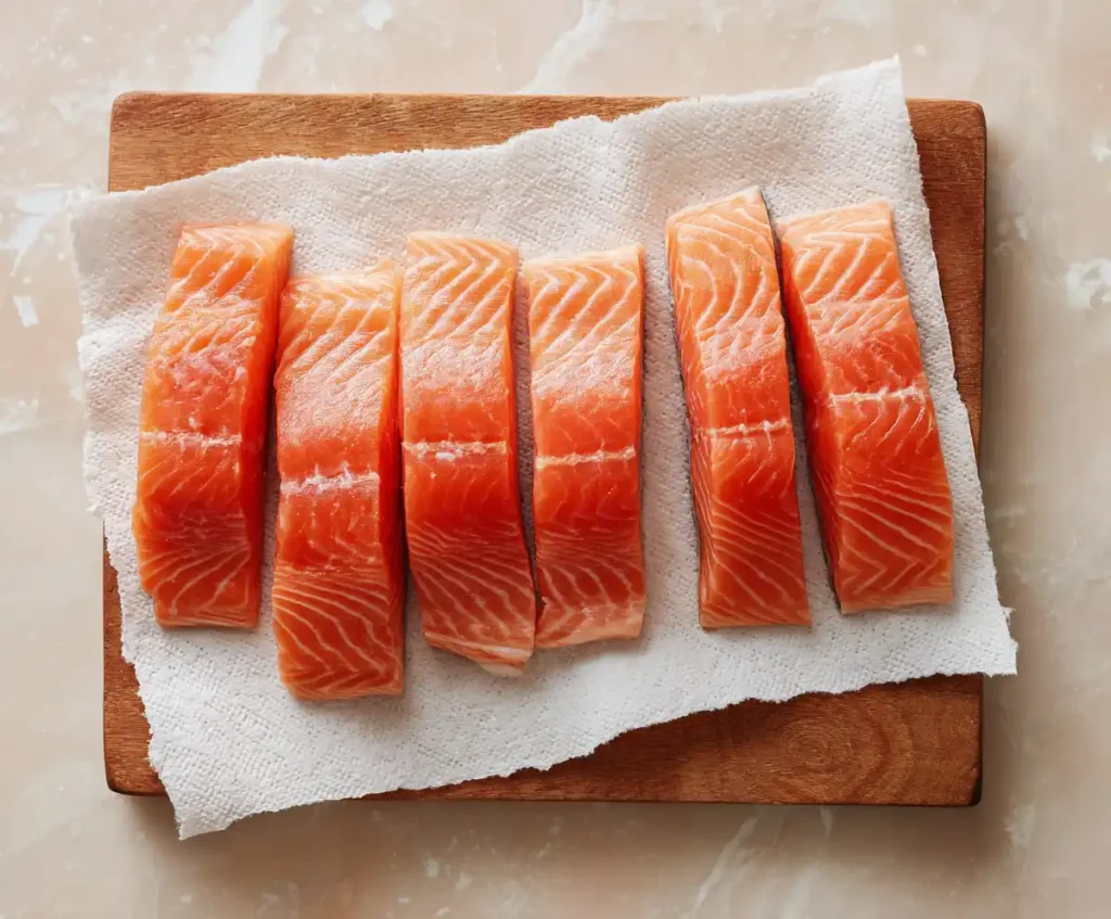 Raw salmon fillets being prepped for air fryer recipe