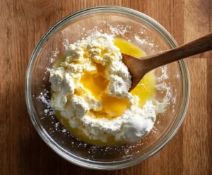 Ricotta cheese mixture with mozzarella, Parmesan, and egg for vegetarian lasagna