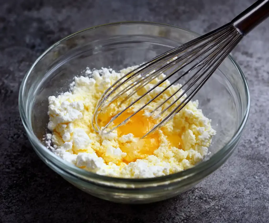 Ricotta mixture with Parmesan and egg prepared for baked ziti with sausage
