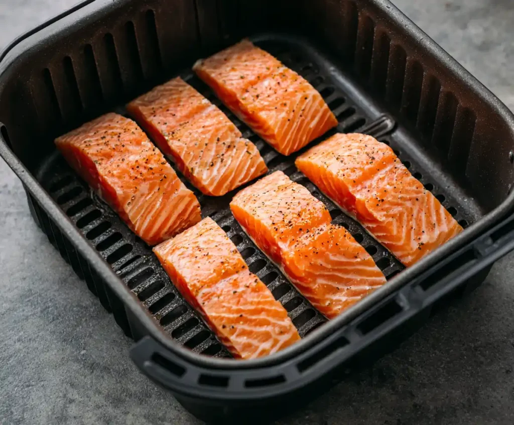 Salmon fillets placed in air fryer basket