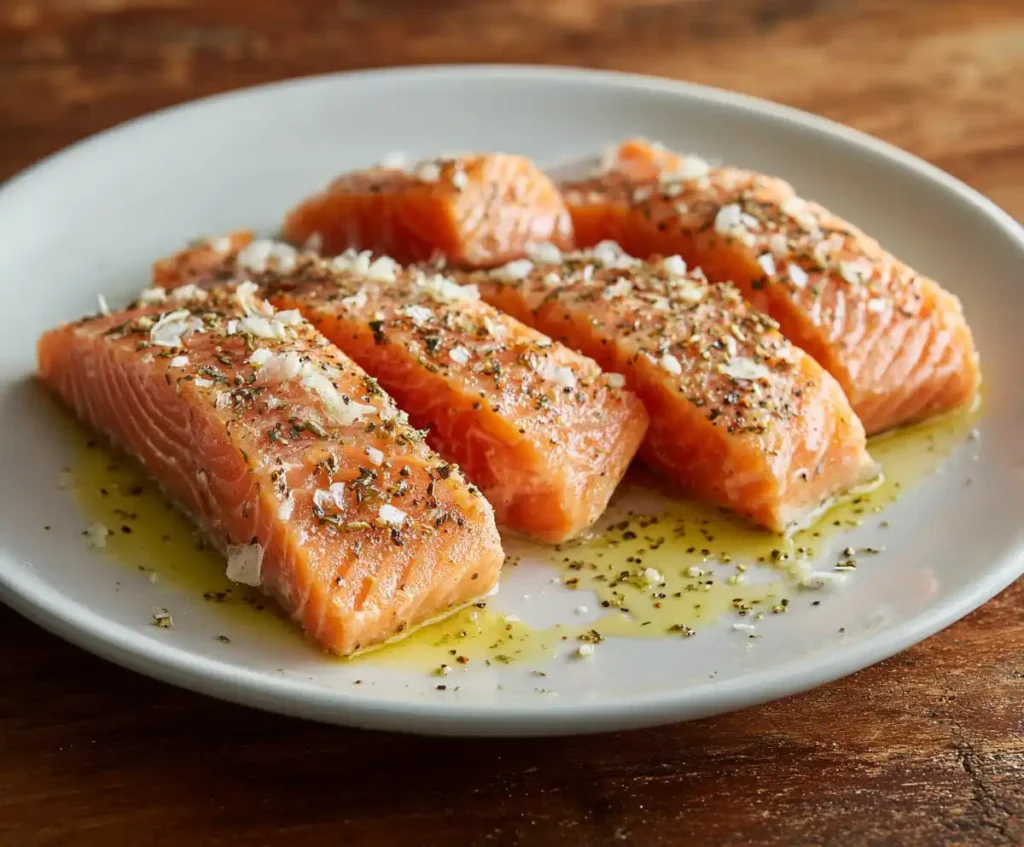 Salmon fillets seasoned with garlic, olive oil, salt, and pepper
