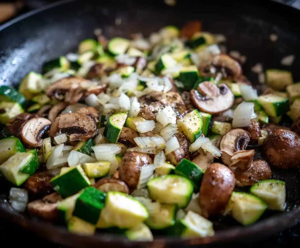 Sautéed zucchini, mushrooms, onion, and garlic in olive oil for vegetarian lasagna filling