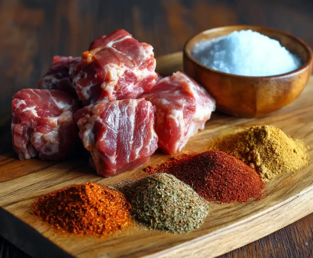 Seasoned pork shoulder chunks with spices for pressure cooker pulled pork sandwich