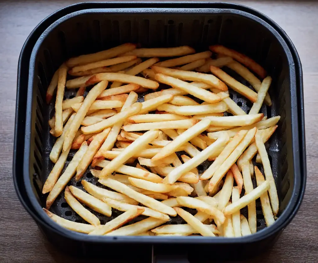 Seasoned potato fries arranged in air fryer basket for cooking