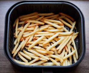 Seasoned potato fries arranged in air fryer basket for cooking