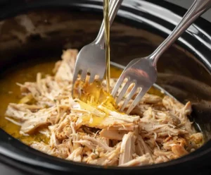 Shredded chicken mixed with juices in slow cooker