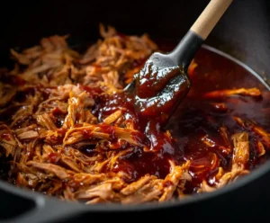 Shredded pulled pork mixed with BBQ sauce in pressure cooker