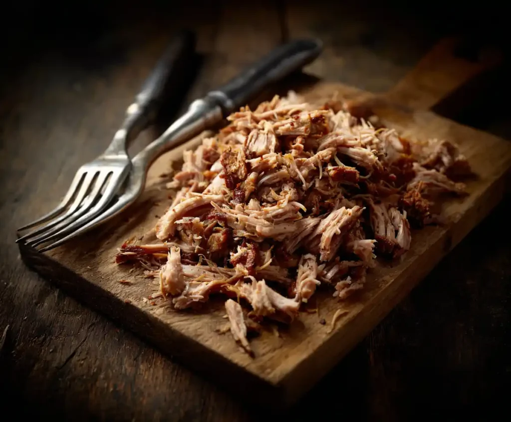 Shredded slow cooked pork ready for sandwiches