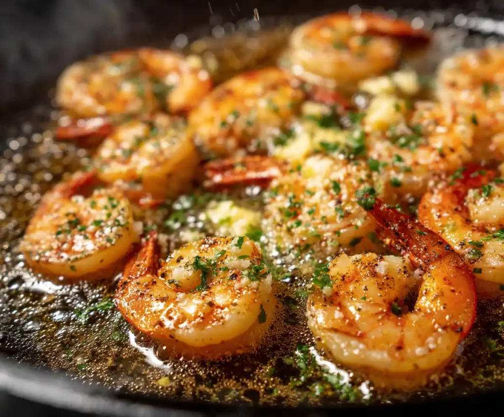 Shrimp cooking in butter and olive oil for pasta