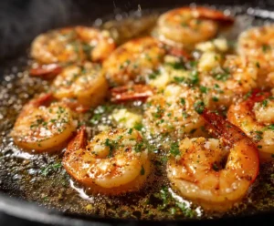 Shrimp cooking in butter and olive oil for pasta