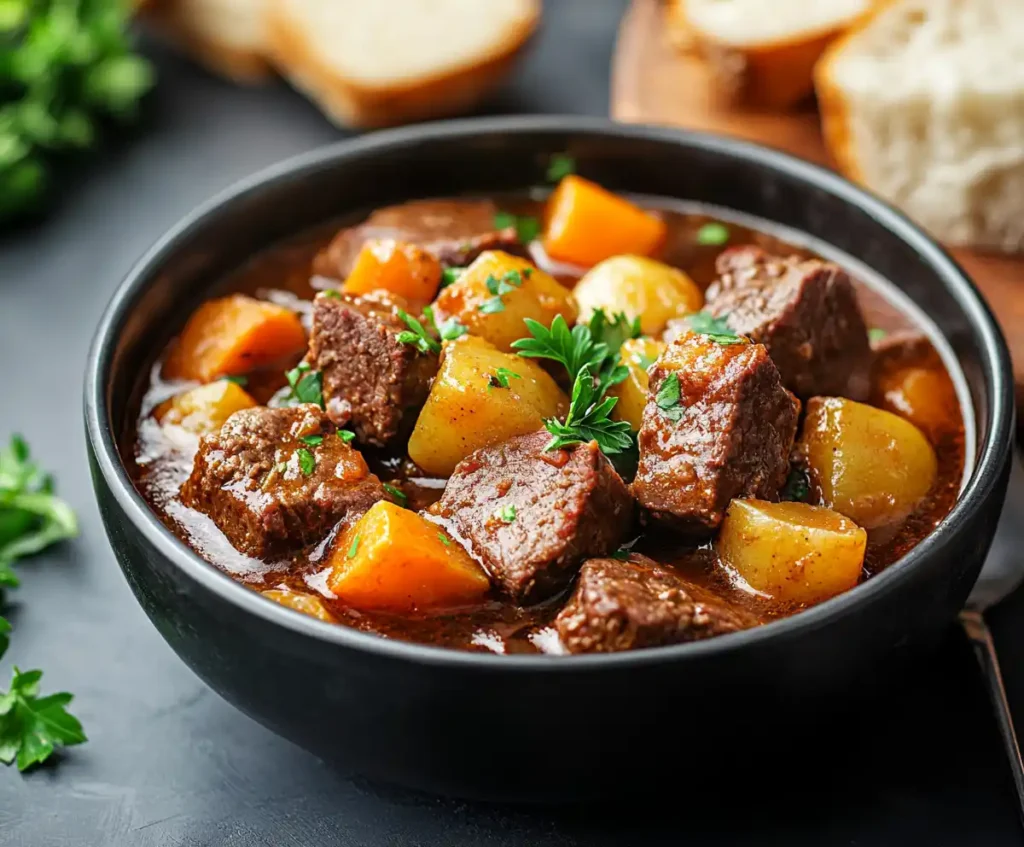 Slow cooker beef stew served in bowl with parsley and bread
