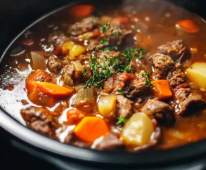 Slow cooker beef stew simmering with broth and vegetables