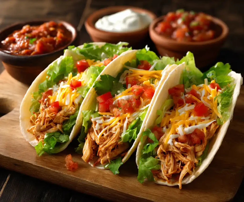 Slow cooker chicken tacos with toppings in tortillas