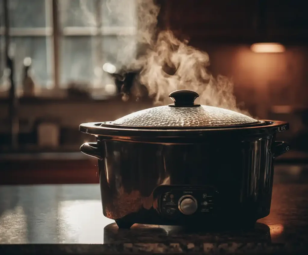 Slow cooker covered and cooking on counter with steam visible