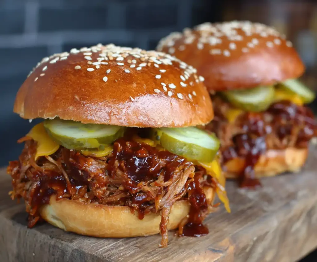 Slow cooker pulled pork sandwich with pickles on sesame bun