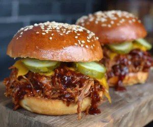 Slow cooker pulled pork sandwich with pickles on sesame bun
