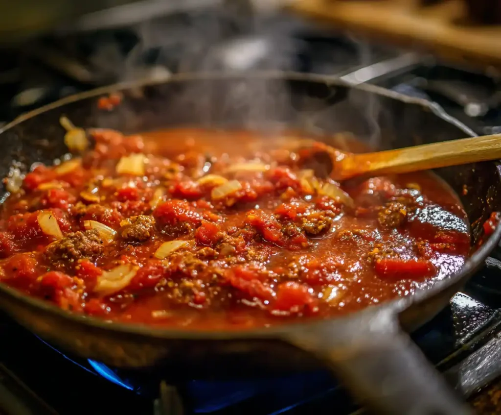 Tomato sauce with sausage and onions simmering in skillet for baked zit