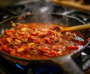 Tomato sauce with sausage and onions simmering in skillet for baked zit
