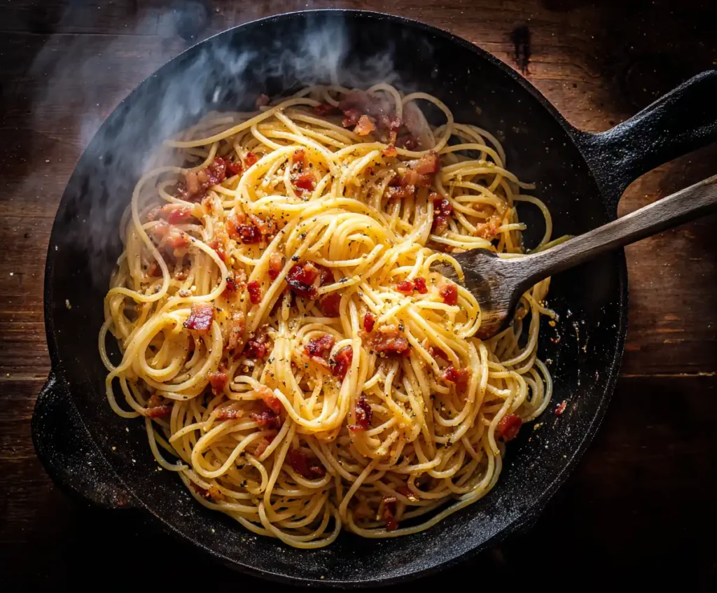 Tossing spaghetti pasta with pancetta to make creamy carbonara