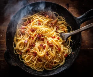 Tossing spaghetti pasta with pancetta to make creamy carbonara