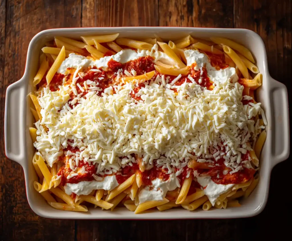 Unbaked layered ziti with sausage, ricotta, and mozzarella in dish