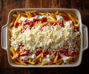 Unbaked layered ziti with sausage, ricotta, and mozzarella in dish
