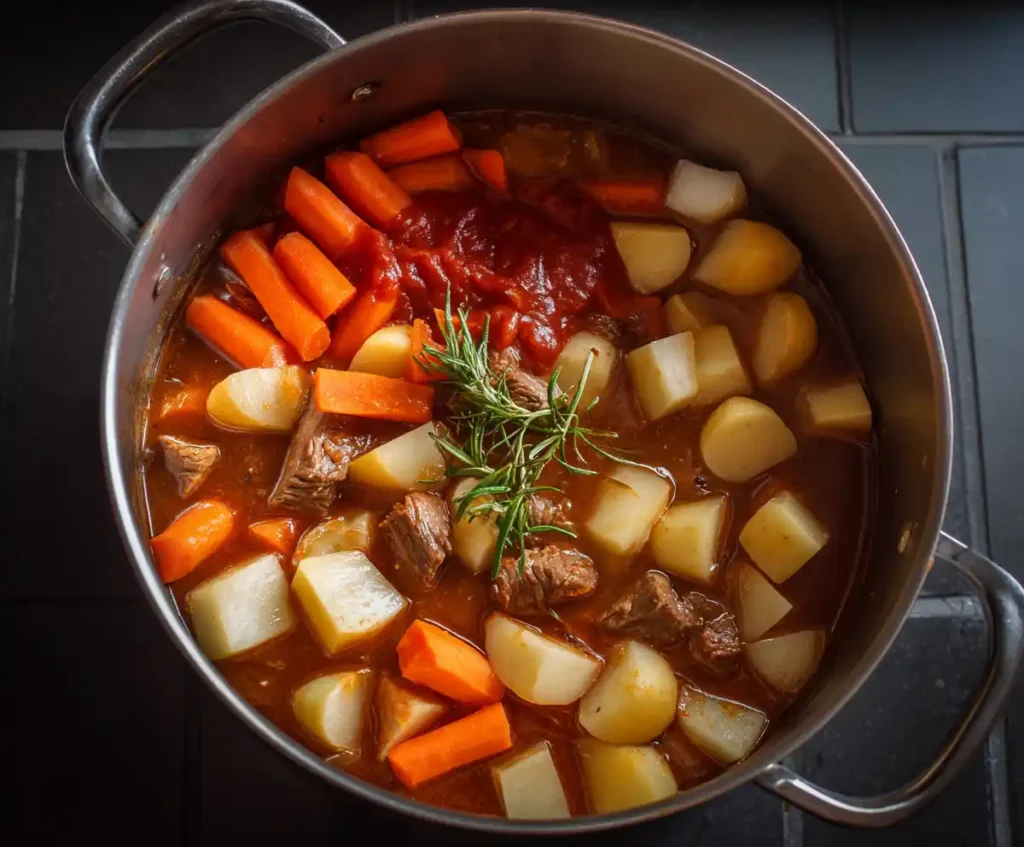 Vegetables and beef simmering in pressure cooker with broth