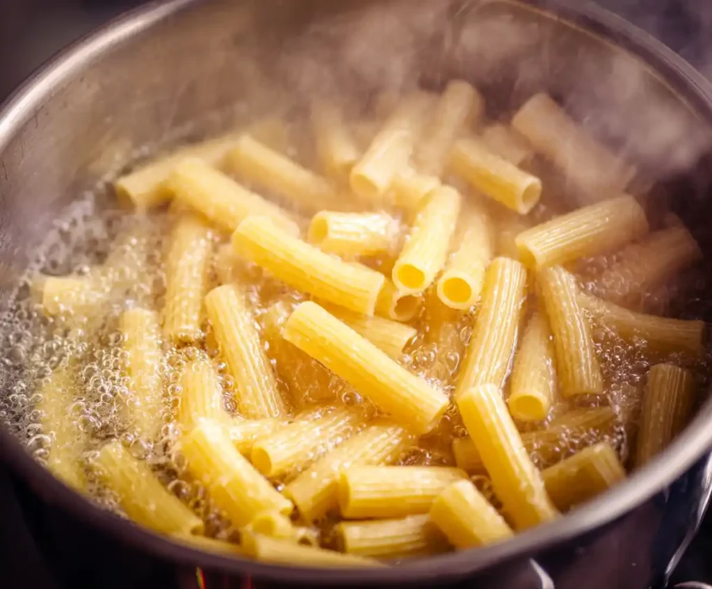 Ziti pasta boiling in salted water in pot for baked ziti with sausage