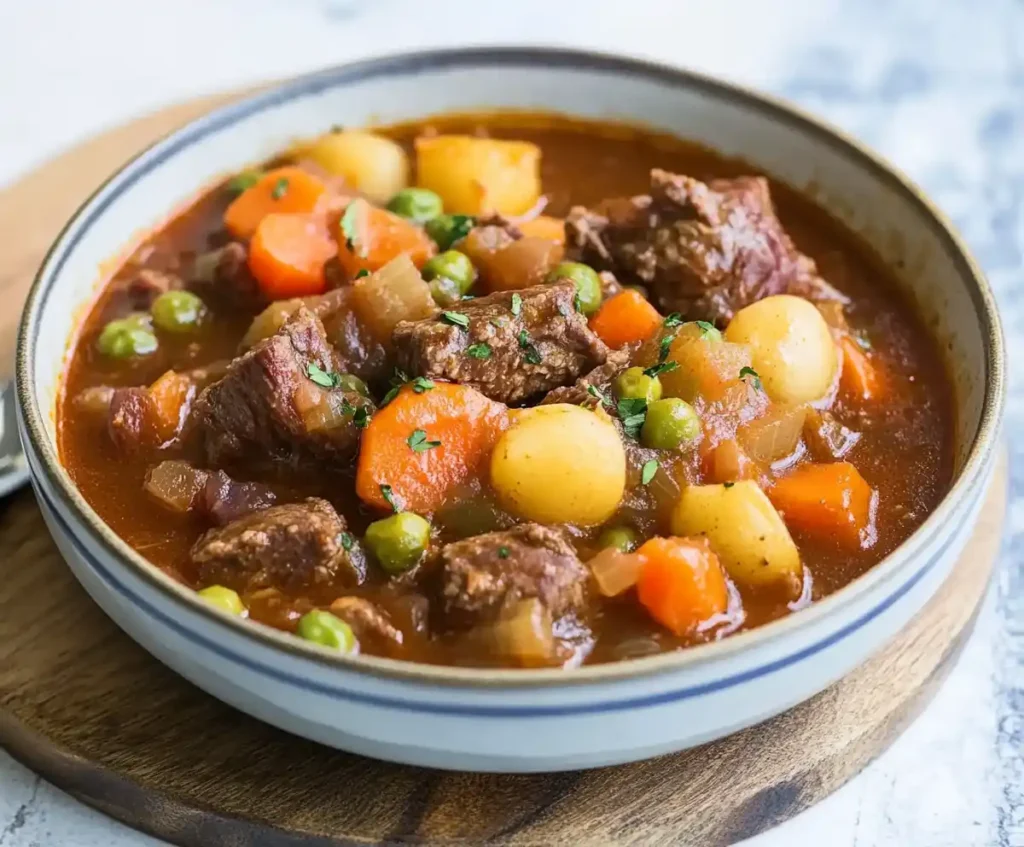 Pressure cooker beef stew finished with peas stirred in