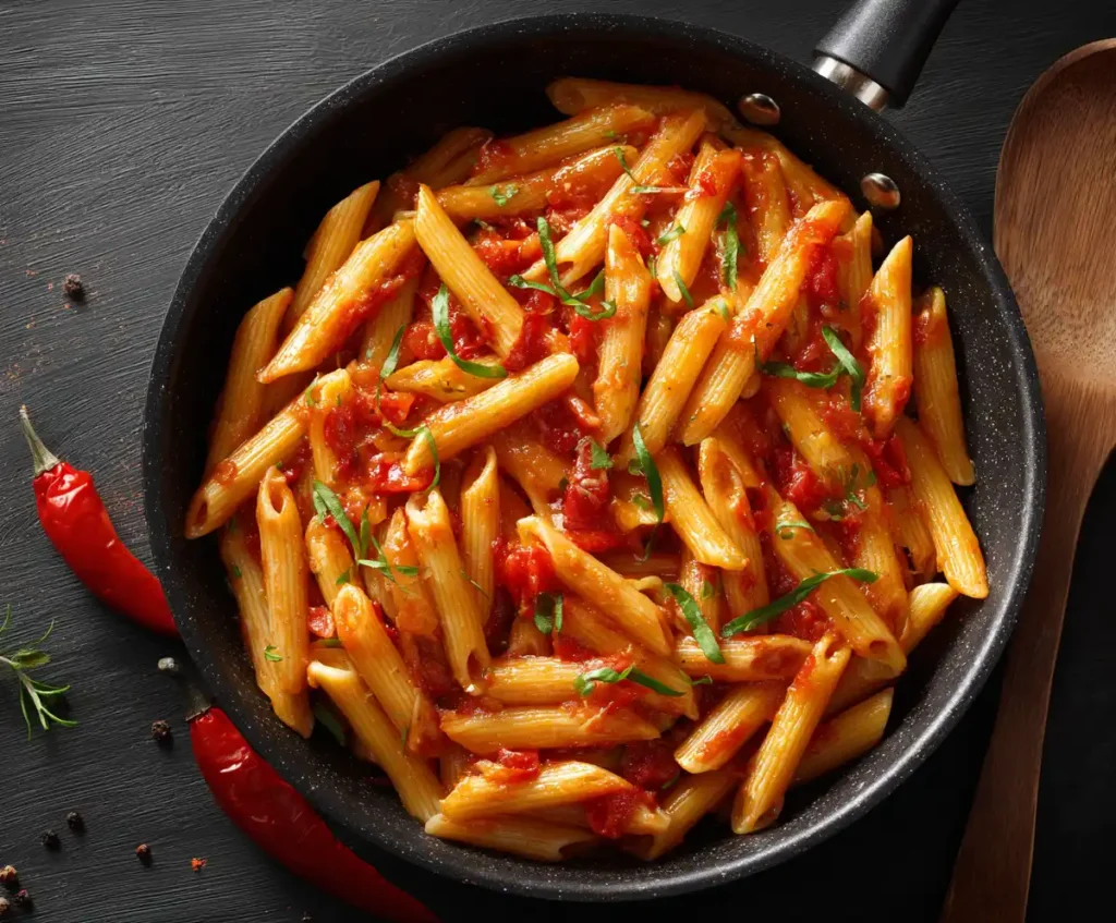 Penne pasta coated with spicy arrabbiata sauce in skillet